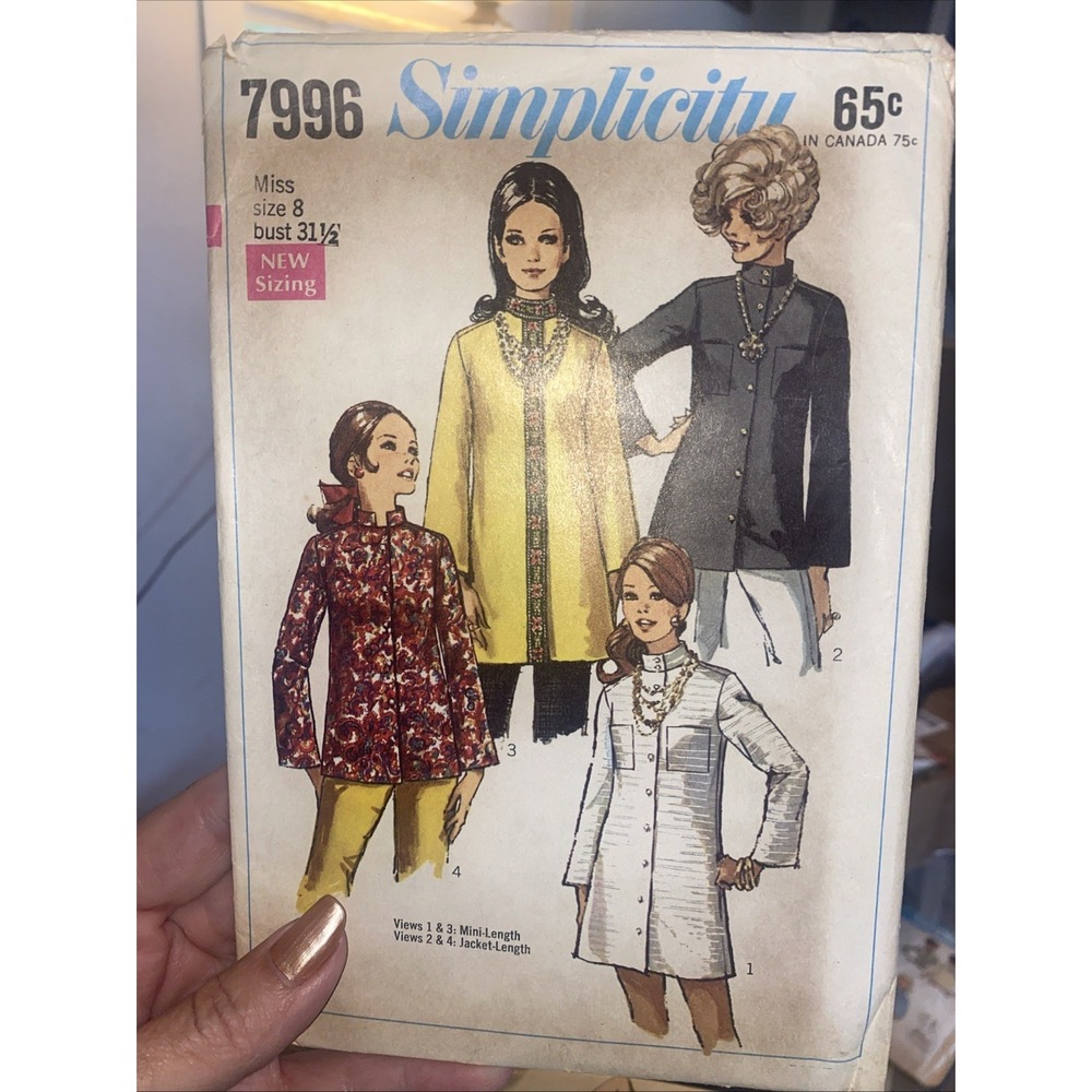 Vintage Simplicity 7996 Indian Style Guru Shirt Pattern Size 8 1960s Mod Cut
